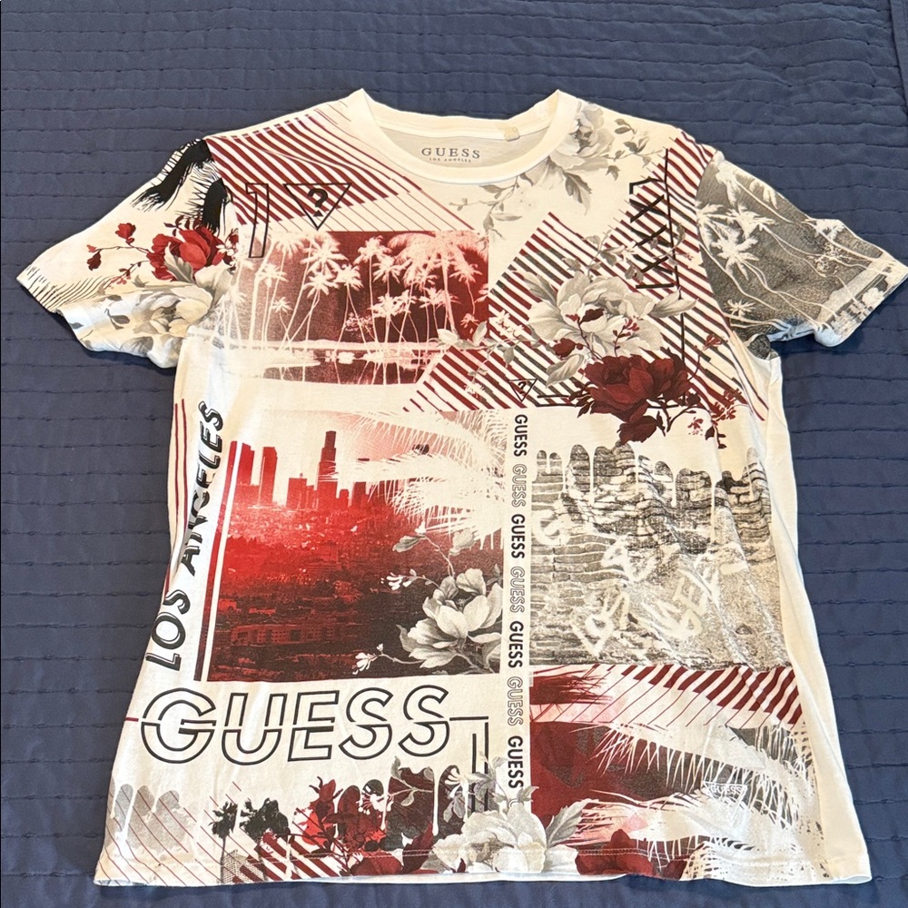 Guess Men's Graphic Tee - Red, Black, and White
